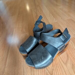 Dansko Black Leather Wedge Sandals